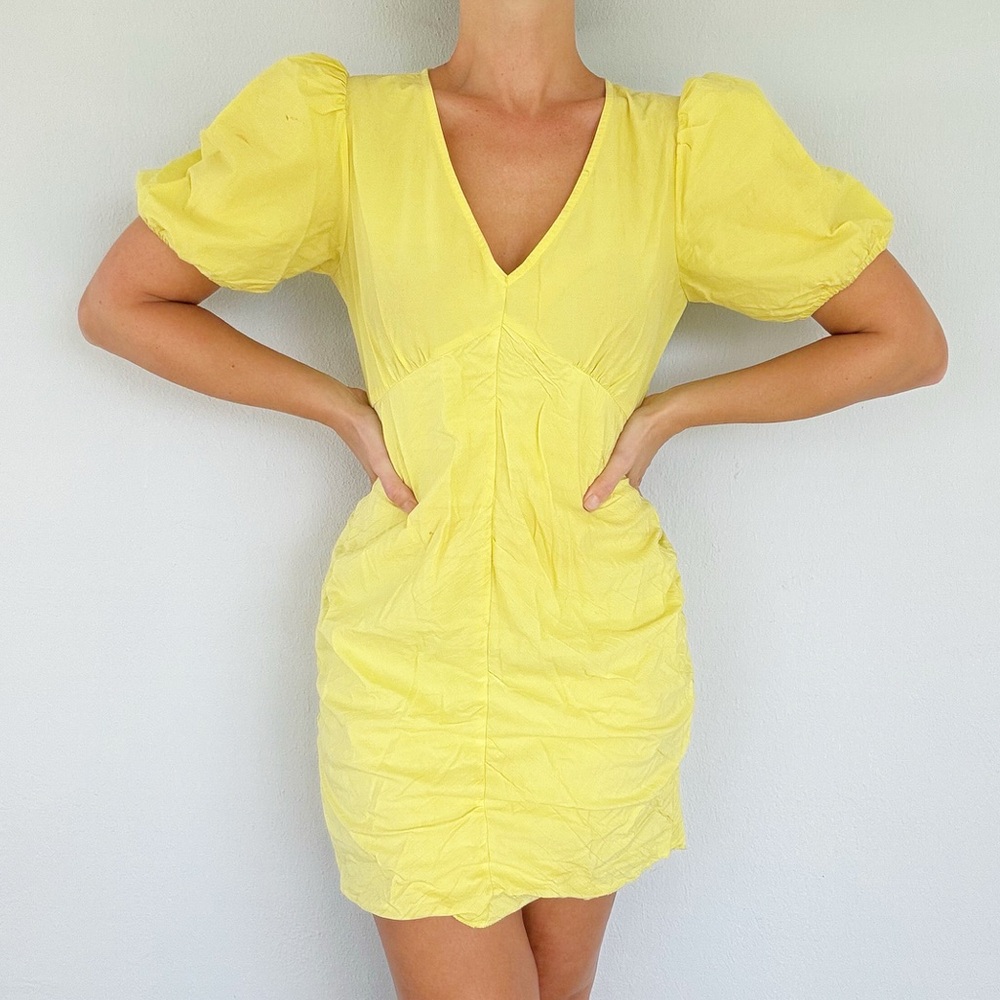 ZARA bright yellow puff sleeve ruffle cotton v-neck mini dress size small - Picture 3 of 14